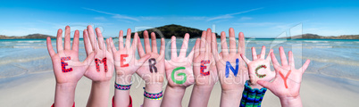 Children Hands Building Word Emergency, Ocean Background