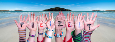 Children Hands Building Word Freizeit Means Leisure, Ocean Background