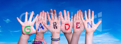 Children Hands Building Word Garden, Blue Sky