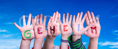 Children Hands Building Word Geheim Means Secret, Blue Sky