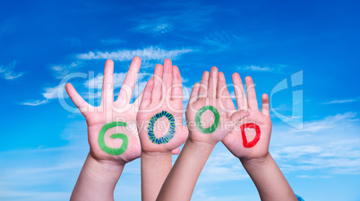 Children Hands Building Word Good, Blue Sky