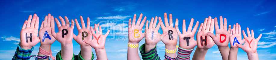 Children Hands Building Word Happy Birthday, Blue Sky