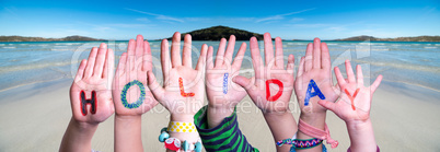 Children Hands Building Word Holiday, Ocean Background