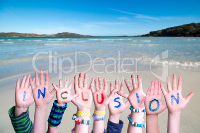 Children Hands Building Word Inclusion, Ocean Background