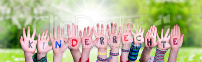 Children Hands Building Word Kinderrecht Means Children Rights, Grass Meadow