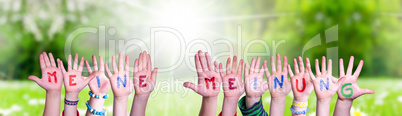 Children Hands Building Word Meine Meinung Means My Opinion, Grass Meadow