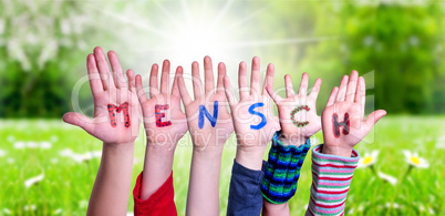 Children Hands Building Word Mensch Means Human, Grass Meadow