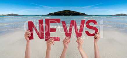 People Hands Holding Word News, Ocean Background