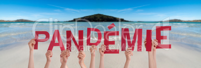 People Hands Holding Word Pandemie Means Pandemic, Ocean Background