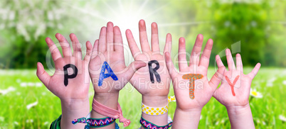 Children Hands Building Word Party, Grass Meadow