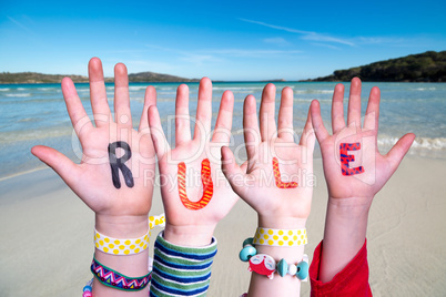 Children Hands Building Word Rule, Ocean Background