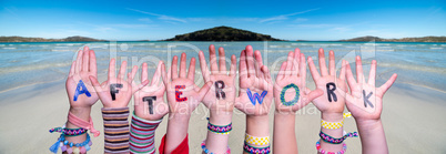 Children Hands Building Word Afterwork, Ocean Background