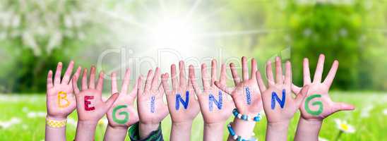 Children Hands Building Word Beginning, Grass Meadow