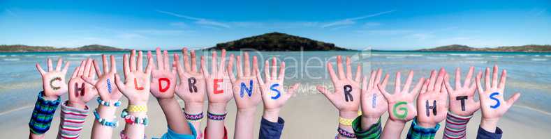 Children Hands Building Word Children Rights, Ocean Background