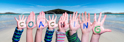 Children Hands Building Word Coaching, Ocean Background