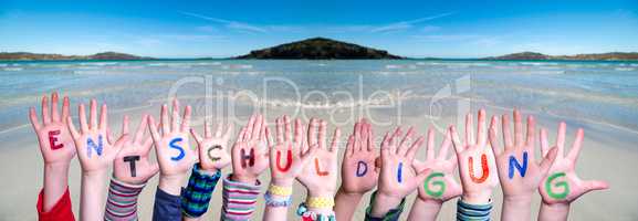 Children Hands Building Word Entschuldigung Means Apology, Ocean Background