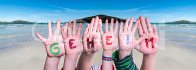 Children Hands Building Word Geheim Means Secret, Ocean Background