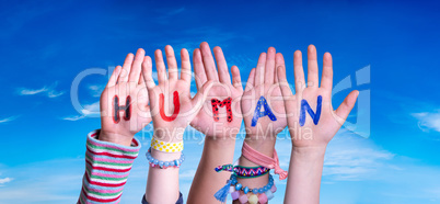 Children Hands Building Word Human, Blue Sky