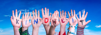 Children Hands Building Word Kindheit Means Childhood, Blue Sky