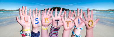 Children Hands Building Word LSBTTIQ Means LSBTQ, Ocean Background