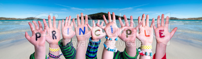 Children Hands Building Word Principle, Ocean Background