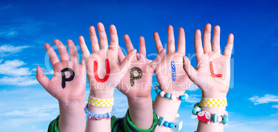 Children Hands Building Word Pupil, Blue Sky