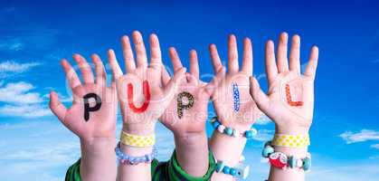 Children Hands Building Word Pupil, Blue Sky