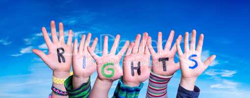 Children Hands Building Word Rights, Blue Sky