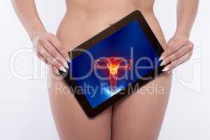 Woman with a tablet screening the reproductive organs