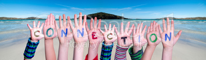Children Hands Building Word Connection, Ocean Background