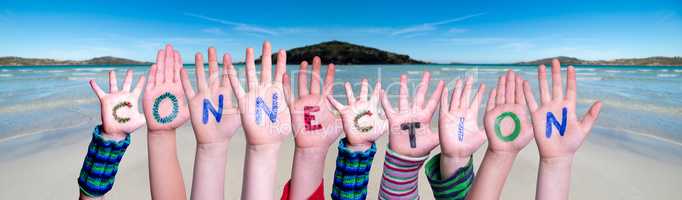 Children Hands Building Word Connection, Ocean Background