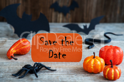 Orange Label, Text Save The Date, Scary Halloween Decoration