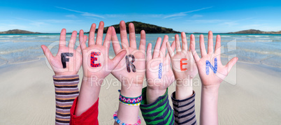 Children Hands Building Word Ferien Means Holidays, Ocean Background
