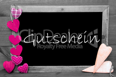 Balckboard With Pink Heart Decoration, Text Gutschein Means Voucher