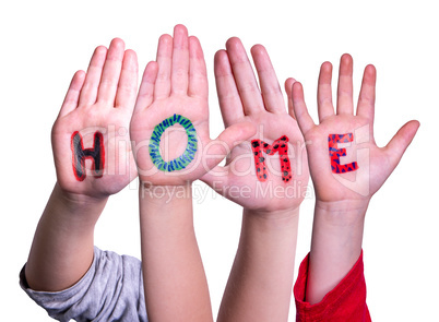 Children Hands Building Word Home, Isolated Background