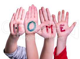 Children Hands Building Word Home, Isolated Background