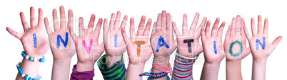 Children Hands Building Word Invitation, Isolated Background