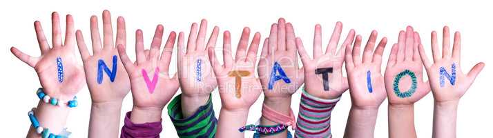 Children Hands Building Word Invitation, Isolated Background