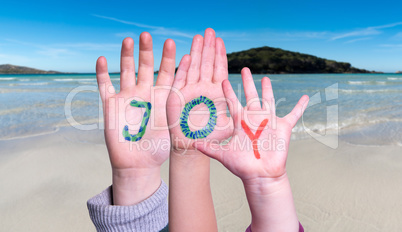 Children Hands Building Word Joy, Ocean Background