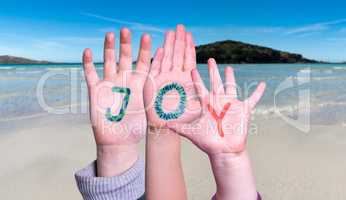 Children Hands Building Word Joy, Ocean Background