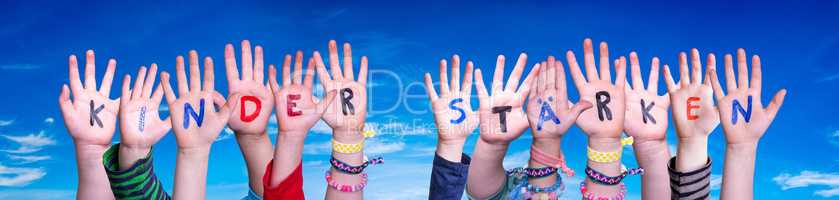 Children Hands Building Word Kinder Staerken Means Strengthen Children, Blue Sky