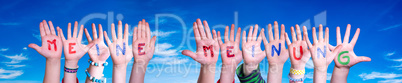 Children Hands Building Word Meine Meinung Means My Opinion, Blue Sky