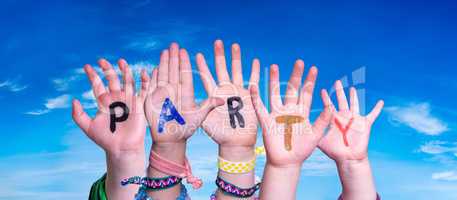 Children Hands Building Word Party, Blue Sky