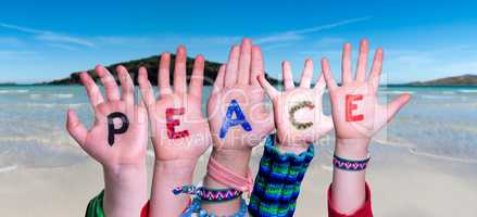 Children Hands Building Word Peace, Ocean Background