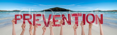 People Hands Holding Word Prevention, Ocean Background