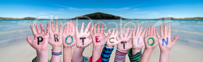 Kids Hands Holding Word Protection, Ocean Background