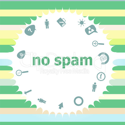 Text No spam. Security concept . Infographics icon set. Icons of maths, graphs, mail and so on.