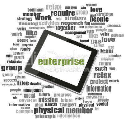 Text enterprise. Business concept . Tablet Pc. Word cloud collage