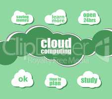 cloud computing words. Business concept . word lettering typography with line icons and tag cloud on green background. Creative idea concept
