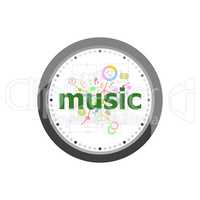 Text Music on digital background. Social concept . Set of modern flat design concept icons for internet marketing. Watch clock isolated on white background
